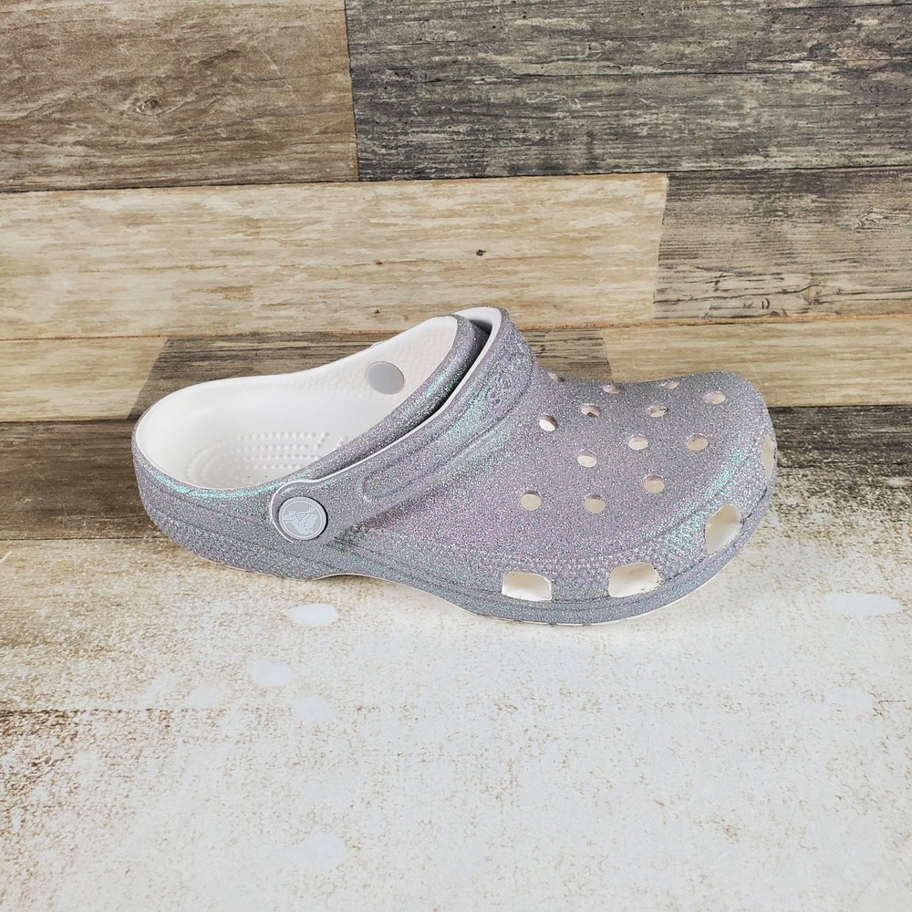 Crocs Classic Iridescent Glitter Clogs Womens 6 Gray Slingback Slip On